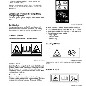 Puede incluir: Una p&aacute;gina de etiquetas de seguridad con s&iacute;mbolos de advertencia y texto en blanco y negro. Las etiquetas advierten sobre gases de bater&iacute;a, quemaduras y gases explosivos. Las instrucciones incluyen enjuagar los ojos con agua y evitar lesiones en las manos.