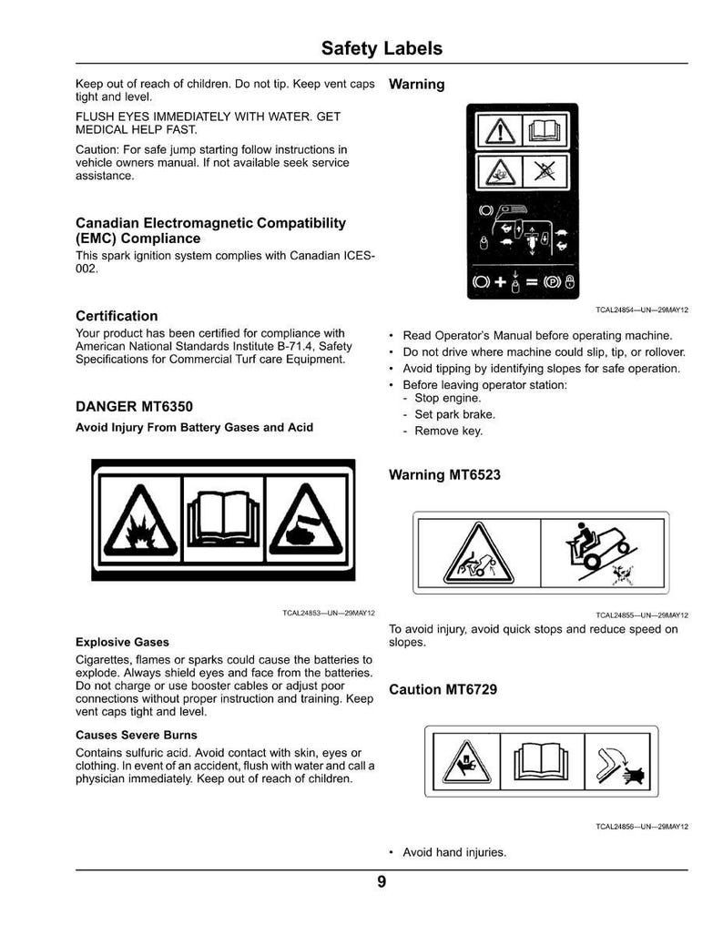 Puede incluir: Una p&aacute;gina de etiquetas de seguridad con s&iacute;mbolos de advertencia y texto en blanco y negro. Las etiquetas advierten sobre gases de bater&iacute;a, quemaduras y gases explosivos. Las instrucciones incluyen enjuagar los ojos con agua y evitar lesiones en las manos.