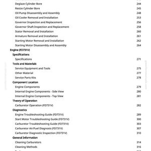Peut inclure: Une page de manuel avec une table des mati&egrave;res. Le texte comprend des sujets de r&eacute;paration de moteur tels que vilebrequin, carburateur et guides de d&eacute;pannage. Le num&eacute;ro de page est 5.