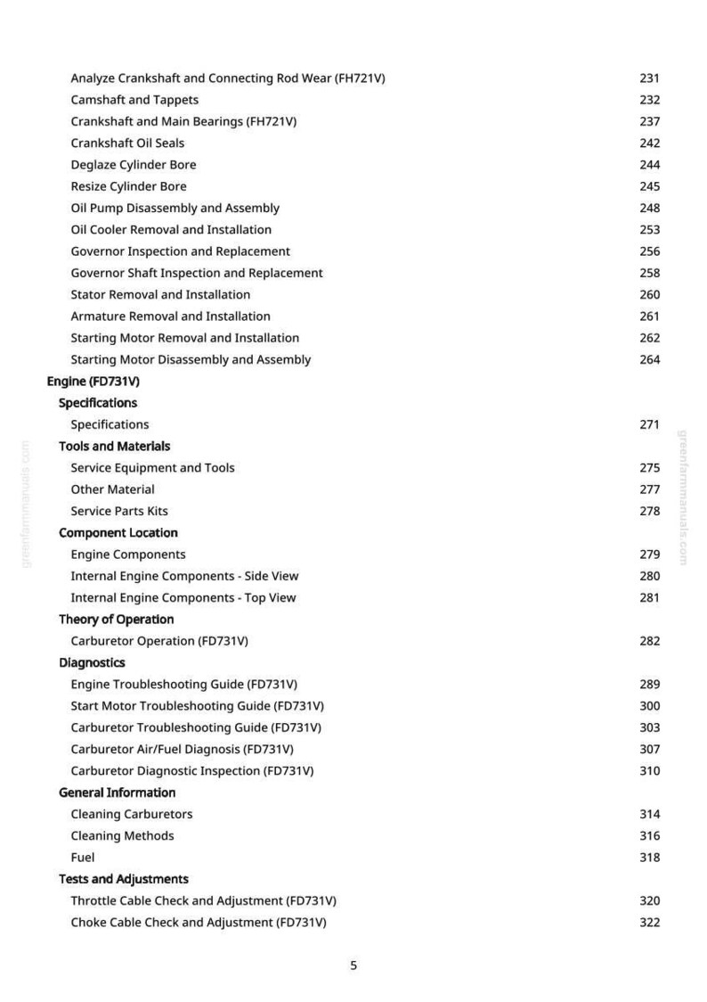 Peut inclure: Une page de manuel avec une table des mati&egrave;res. Le texte comprend des sujets de r&eacute;paration de moteur tels que vilebrequin, carburateur et guides de d&eacute;pannage. Le num&eacute;ro de page est 5.