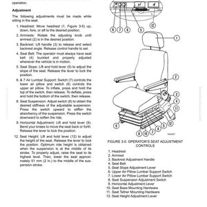 May include: Diagram of an operator's seat with adjustable features. Includes a headrest, armrests, backrest, seat belt, and levers for seat slope, height, and suspension. Text labels identify each component for adjustment.