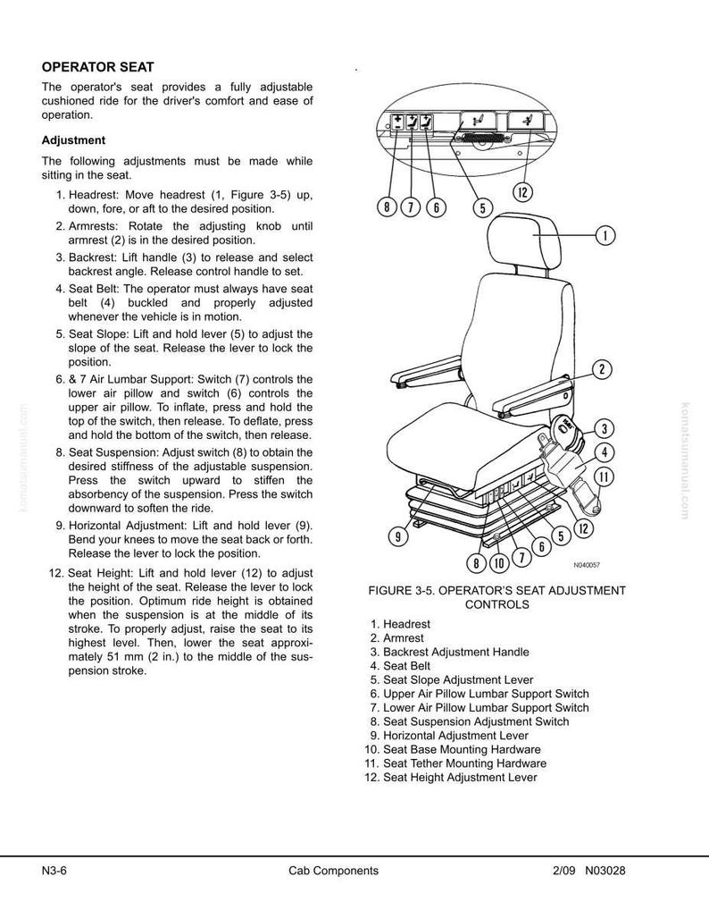 May include: Diagram of an operator's seat with adjustable features. Includes a headrest, armrests, backrest, seat belt, and levers for seat slope, height, and suspension. Text labels identify each component for adjustment.