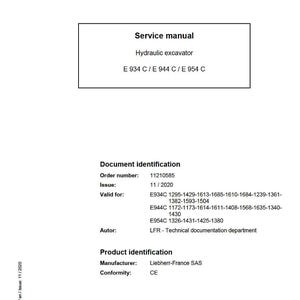Op de afbeelding: Een servicehandleiding voor een hydraulische graafmachine. Het document bevat de tekst "Servicehandleiding" en "Hydraulische graafmachine". Details omvatten bestelnummer, uitgavedatum en fabrikantinformatie. Het document is in het Engels.
