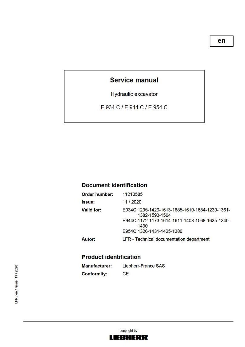 Op de afbeelding: Een servicehandleiding voor een hydraulische graafmachine. Het document bevat de tekst "Servicehandleiding" en "Hydraulische graafmachine". Details omvatten bestelnummer, uitgavedatum en fabrikantinformatie. Het document is in het Engels.