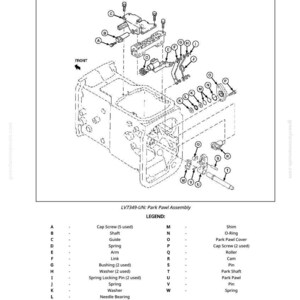 May include: An exploded diagram of the LV7349-UN Park Pawl Assembly, showing various mechanical components. Includes labels for parts like cap screws, springs, and bushings. The diagram is in black and white.
