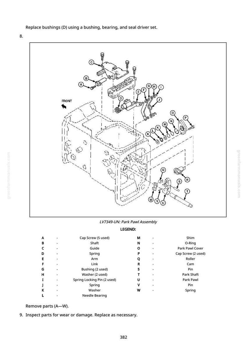 May include: An exploded diagram of the LV7349-UN Park Pawl Assembly, showing various mechanical components. Includes labels for parts like cap screws, springs, and bushings. The diagram is in black and white.