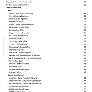 Puede incluir: Una p&aacute;gina blanca titulada "Tabla de Contenidos" de un manual. El texto enumera varios temas t&eacute;cnicos y de seguridad, incluyendo "Manejar fluidos de forma segura", "Prevenir explosiones de bater&iacute;as" y "Especificaciones de camiones volquete articulados".