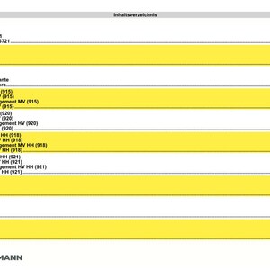 May include: A page from a Weidemann 1360 manual, featuring a table of contents in multiple languages. The text is arranged in columns with yellow highlighted rows. The Weidemann logo is at the bottom.