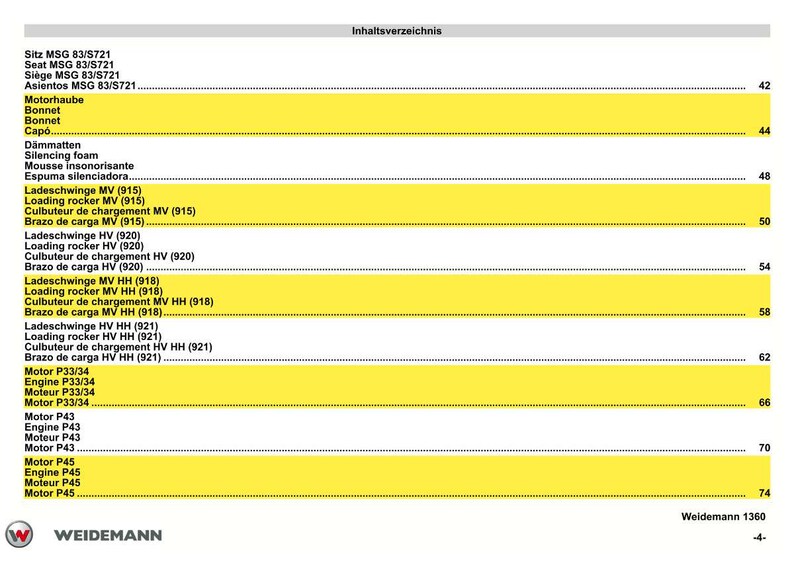 May include: A page from a Weidemann 1360 manual, featuring a table of contents in multiple languages. The text is arranged in columns with yellow highlighted rows. The Weidemann logo is at the bottom.