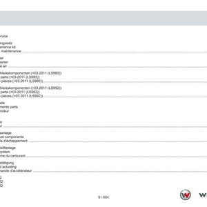 May include: A page from a manual with a table of contents in German, English, and French. The document lists service items, engine components, and fuel systems. The Weidemann logo is in the bottom right corner.