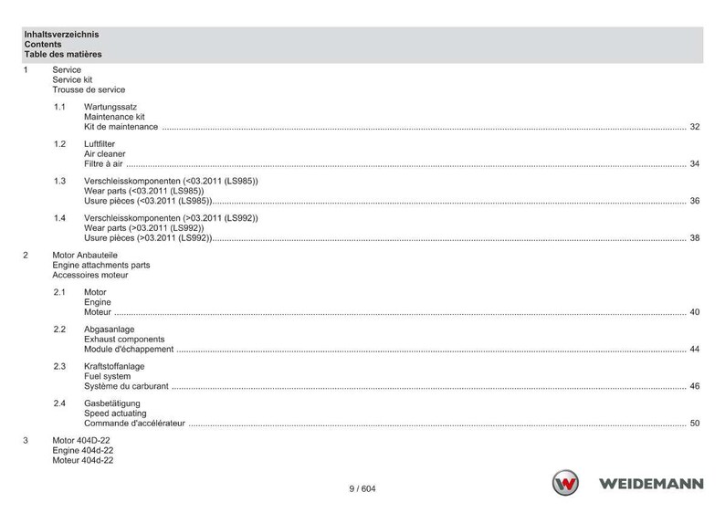 May include: A page from a manual with a table of contents in German, English, and French. The document lists service items, engine components, and fuel systems. The Weidemann logo is in the bottom right corner.