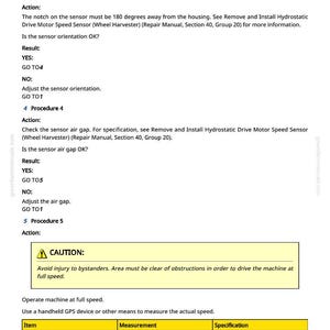 May include: A page from a repair manual with text and diagrams. The text includes instructions for calibrating hydrostatic pumps and checking sensor orientation. A warning about safety is also present.