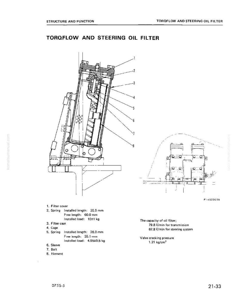 May include: Diagram of a Torqflow and Steering Oil Filter, with labels for components like filter cover, springs, and filter case. Includes measurements in millimeters and kilograms, and specifications for oil capacity and valve cracking pressure.