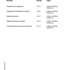 May include: A white service manual page with the title "SUBGROUP - INDEX". The document lists sections, groups, and types, including "Standards and regulations" and "Safety instructions". The Liebherr logo is at the bottom.