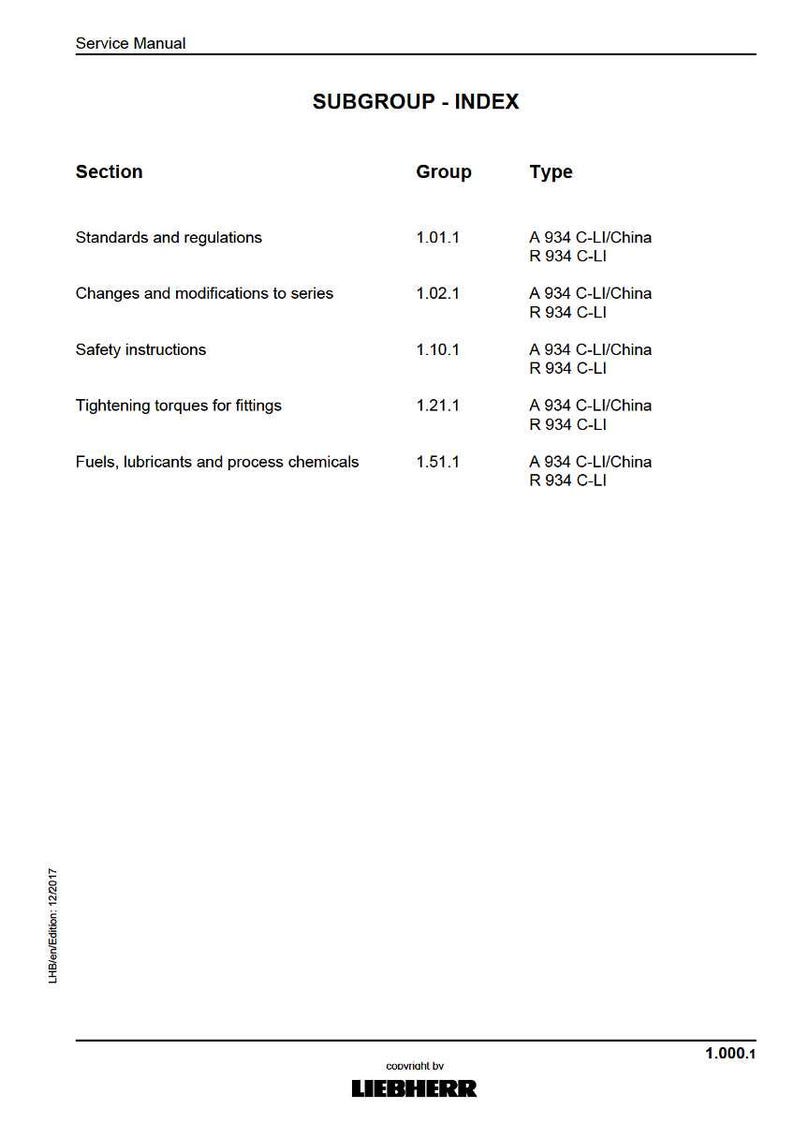 May include: A white service manual page with the title "SUBGROUP - INDEX". The document lists sections, groups, and types, including "Standards and regulations" and "Safety instructions". The Liebherr logo is at the bottom.
