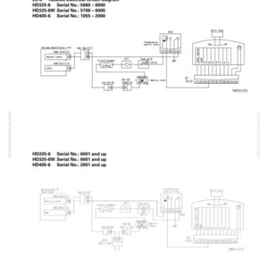May include: A detailed electrical circuit diagram with text labels and component symbols. The diagram includes text such as "Troubleshooting", "LC-6", and serial numbers for HD325-6, HD325-6W, and HD405-6 models.