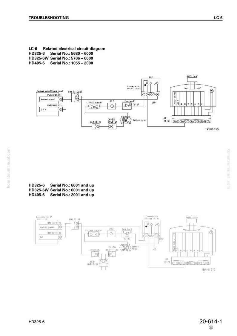 May include: A detailed electrical circuit diagram with text labels and component symbols. The diagram includes text such as "Troubleshooting", "LC-6", and serial numbers for HD325-6, HD325-6W, and HD405-6 models.