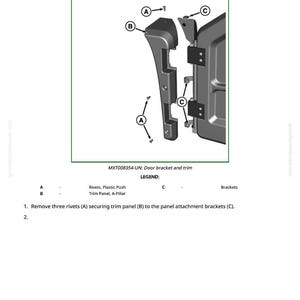 May include: Diagram showing door removal and installation, with a door bracket and trim. The image includes labels for rivets, trim panel, and brackets, with instructions for disassembly. The text reads "Door Removal and Installation."