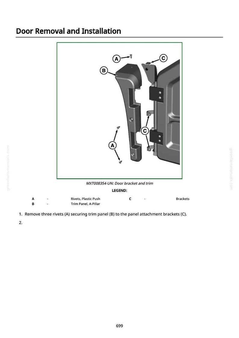 May include: Diagram showing door removal and installation, with a door bracket and trim. The image includes labels for rivets, trim panel, and brackets, with instructions for disassembly. The text reads "Door Removal and Installation."