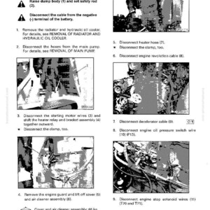 Op de afbeelding: Een zwart-wit diagram met details over de demontage en montage van een motor en hoofdpomp. Het diagram bevat genummerde stappen met bijbehorende illustraties en tekstinstructies. De afdekking en de luchtfiltereenheid wegen 65 kg.