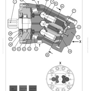 Puede incluir: Diagrama t&eacute;cnico de un sistema hidr&aacute;ulico para un circuito oscilante, con componentes numerados y con letras. El diagrama incluye vistas en secci&oacute;n transversal e ilustraciones detalladas de los componentes internos. El texto incluye "OPERATING HYDRAULIC".