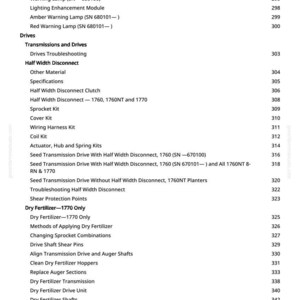 May include: A manual page featuring a table of contents. Key sections include 'Half Width Disconnect', 'Lighting Repair', 'Drives', 'Transmissions and Drives', and 'Dry Fertilizer'. Page numbers are shown on the right.