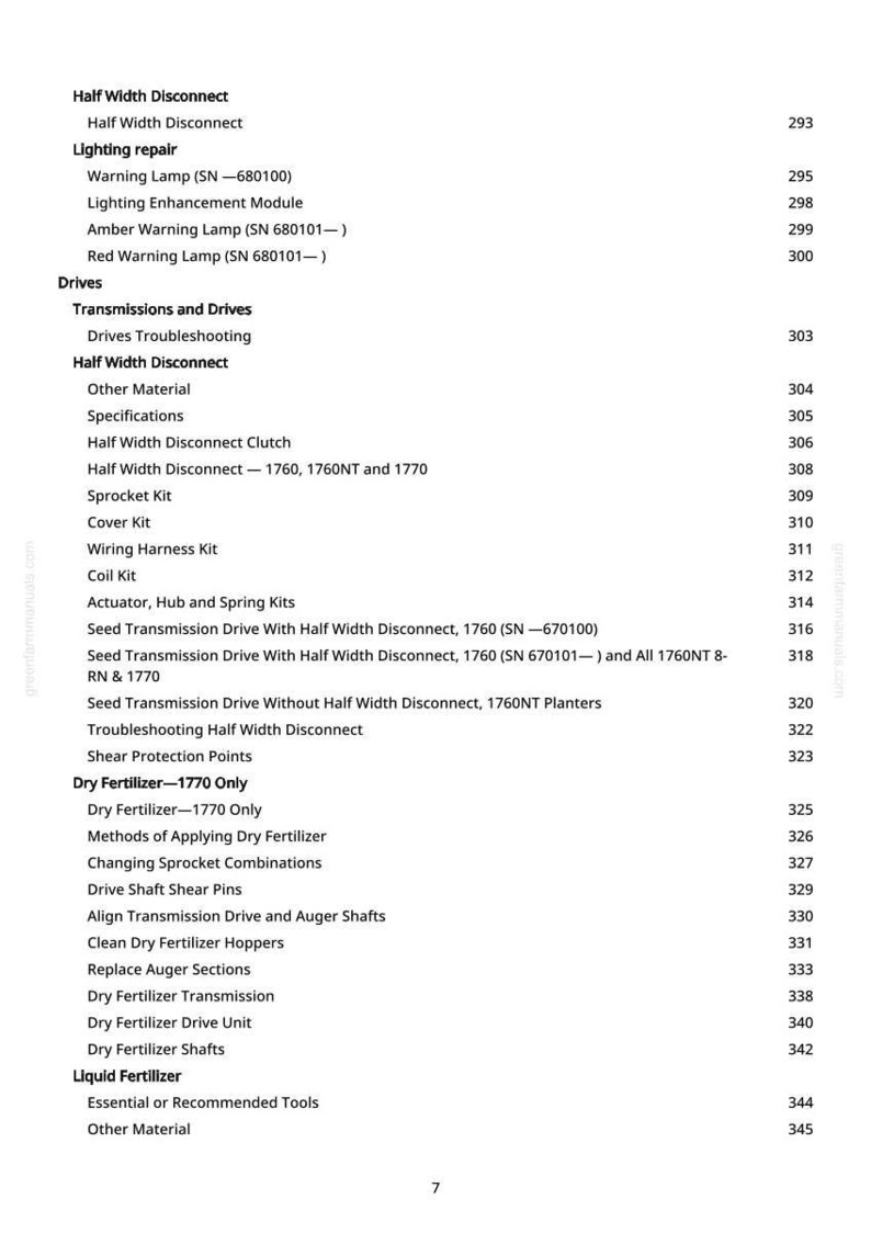May include: A manual page featuring a table of contents. Key sections include 'Half Width Disconnect', 'Lighting Repair', 'Drives', 'Transmissions and Drives', and 'Dry Fertilizer'. Page numbers are shown on the right.