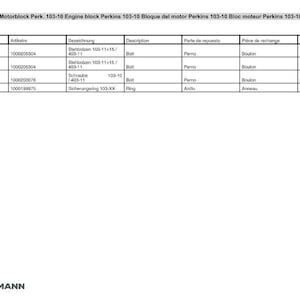 K&ouml;nnte beinhalten: Eine Tabelle mit Motorblockteilen f&uuml;r Perkins 103-10, einschlie&szlig;lich Schrauben und Ringen. Die Tabelle listet Teilenummern, Beschreibungen und Mengen auf. Der Text oben lautet "Motorblock Perk. 103-10 Engine block Perkins 103-10".