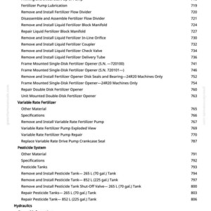 May include: A detailed table of contents from a manual, listing topics related to fertilizer pumps, pesticide systems, and hydraulics. Includes titles like "Fertilizer Pump Exploded View" and "Remove and Install Pesticide Tank".