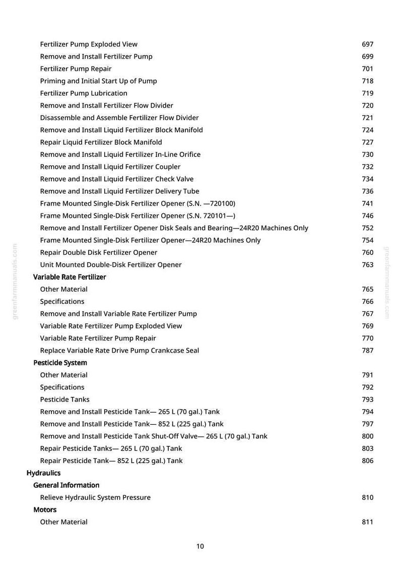 May include: A detailed table of contents from a manual, listing topics related to fertilizer pumps, pesticide systems, and hydraulics. Includes titles like "Fertilizer Pump Exploded View" and "Remove and Install Pesticide Tank".