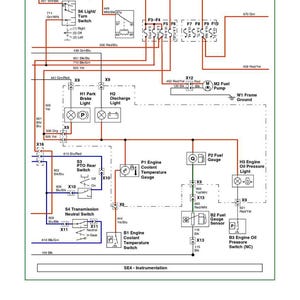 May include: Schematic diagram of an instrumentation system, featuring various switches, gauges, and lights. Includes labels for engine coolant temperature, fuel gauge, and oil pressure, with wire connections and fuse details.