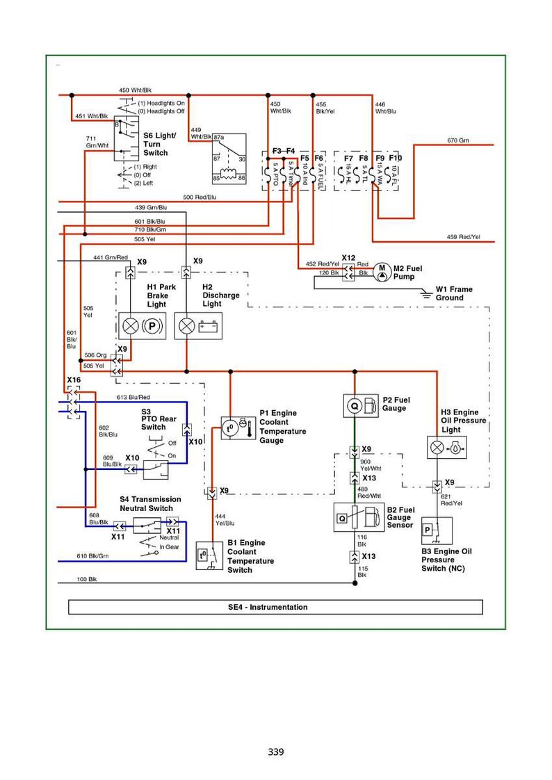 May include: Schematic diagram of an instrumentation system, featuring various switches, gauges, and lights. Includes labels for engine coolant temperature, fuel gauge, and oil pressure, with wire connections and fuse details.