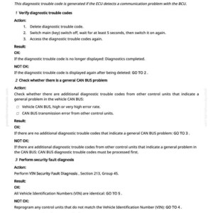 K&ouml;nnte beinhalten: Eine Seite aus einem Handbuch, die Diagnoseverfahren f&uuml;r ein ECU-Kommunikationsproblem beschreibt. Der Text enth&auml;lt Anweisungen zur &Uuml;berpr&uuml;fung von Fehlercodes, zur &Uuml;berpr&uuml;fung von CAN-BUS-Problemen und zur Durchf&uuml;hrung einer Sicherheitsfehlerdiagnose. Seite 361.