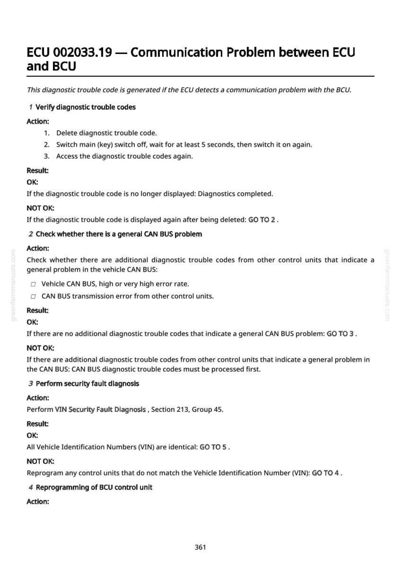 K&ouml;nnte beinhalten: Eine Seite aus einem Handbuch, die Diagnoseverfahren f&uuml;r ein ECU-Kommunikationsproblem beschreibt. Der Text enth&auml;lt Anweisungen zur &Uuml;berpr&uuml;fung von Fehlercodes, zur &Uuml;berpr&uuml;fung von CAN-BUS-Problemen und zur Durchf&uuml;hrung einer Sicherheitsfehlerdiagnose. Seite 361.