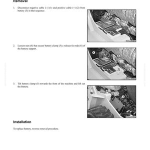 May include: Diagram illustrating battery removal steps. Instructions include disconnecting cables, loosening nuts, and tilting the battery clamp. The text reads "Disassembly and Assembly" and "Battery Removal".