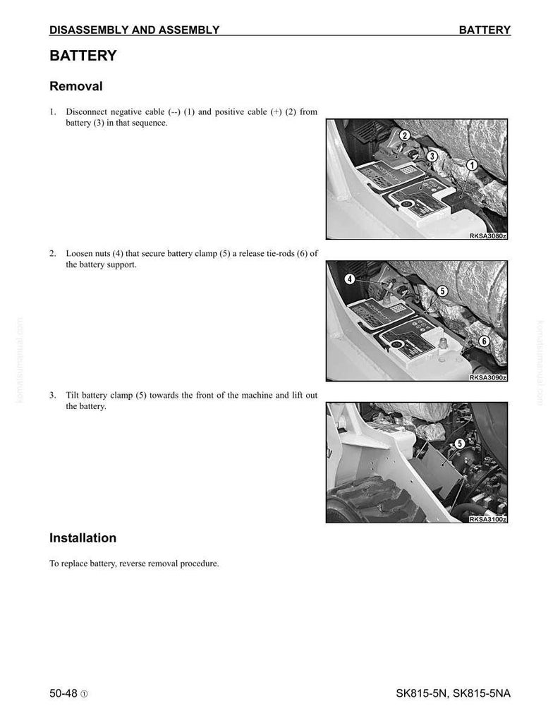 May include: Diagram illustrating battery removal steps. Instructions include disconnecting cables, loosening nuts, and tilting the battery clamp. The text reads "Disassembly and Assembly" and "Battery Removal".