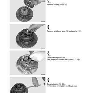 May include: Diagram of a rear wheel differential lock with locking pins, including steps to remove the bearing flange, axle bevel gear, and drive out compound pin. Text includes "Farmer 300 C" and "Transmission / Differential".