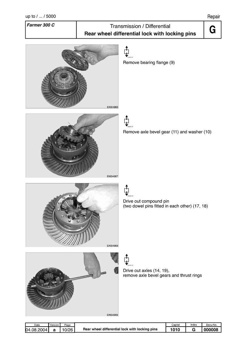 May include: Diagram of a rear wheel differential lock with locking pins, including steps to remove the bearing flange, axle bevel gear, and drive out compound pin. Text includes "Farmer 300 C" and "Transmission / Differential".