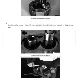 May include: Three black and white images of gear pump components. The first shows a person assembling parts. The second shows two cylindrical components. The third shows a person working on a gear pump with a wrench. Text includes "CQ188220-UN: Gear Pump Albarus".