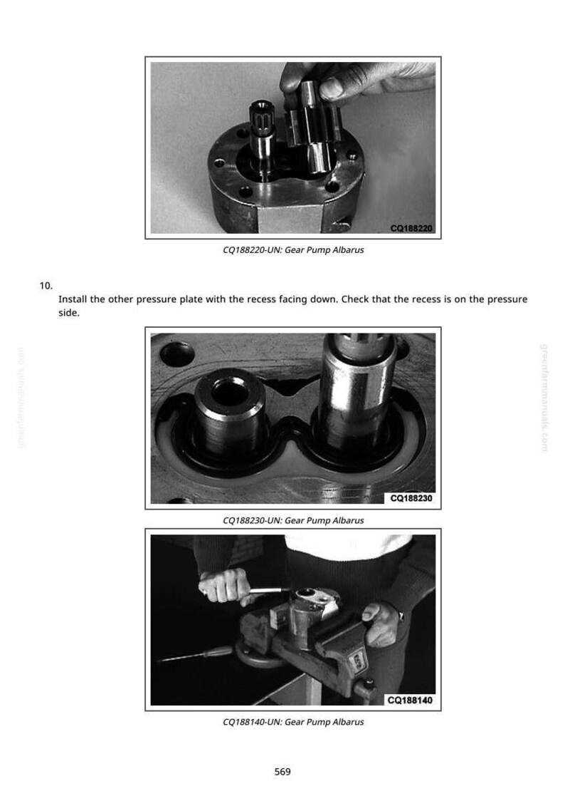 May include: Three black and white images of gear pump components. The first shows a person assembling parts. The second shows two cylindrical components. The third shows a person working on a gear pump with a wrench. Text includes "CQ188220-UN: Gear Pump Albarus".