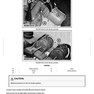 May include: Diagram illustrating the replacement of a brake cylinder, with labeled components A, B, C, D, and E. Includes a caution and step-by-step instructions for the procedure. Text reads "Replace Brake Cylinder".
