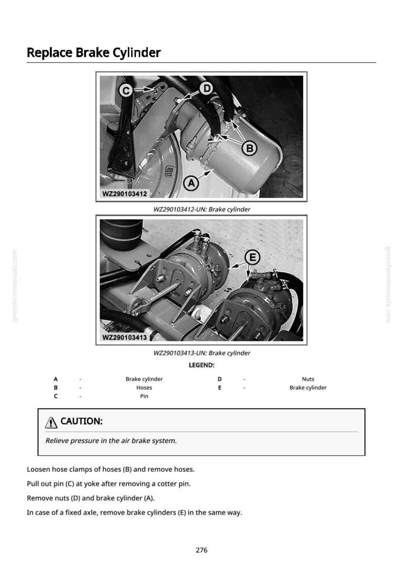 May include: Diagram illustrating the replacement of a brake cylinder, with labeled components A, B, C, D, and E. Includes a caution and step-by-step instructions for the procedure. Text reads "Replace Brake Cylinder".