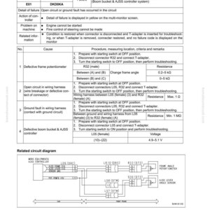 May include: A technical diagram from a Komatsu manual details troubleshooting steps for a frame angle sensor. The document includes failure codes, causes, and procedures for diagnosing issues with the sensor.