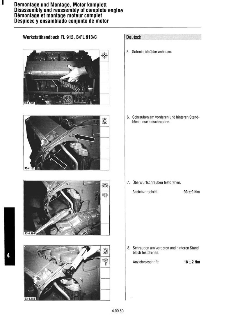 May include: A page from a workshop manual with the title "Disassembly and reassembly of complete engine." The manual includes diagrams and instructions in German. The images show engine components and assembly steps.