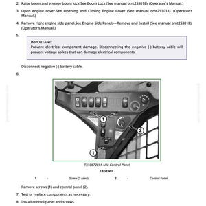 May include: A grayscale image of a control panel with various buttons, switches, and gauges. The panel has labels and diagrams, with arrows pointing to specific components. Text at the top reads "Control Panel Remove and Install."