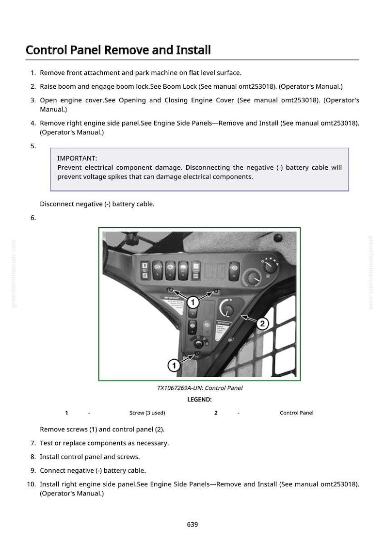May include: A grayscale image of a control panel with various buttons, switches, and gauges. The panel has labels and diagrams, with arrows pointing to specific components. Text at the top reads "Control Panel Remove and Install."