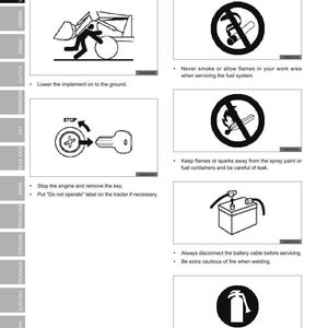 以下が含まれることがあります： 「SAFETY FIRST - SAFETY TIPS」というタイトルの安全マニュアルのページ。火災の回避やバッテリーの取り外しなど、トラクターのメンテナンスに関する安全上の注意と図が含まれています。