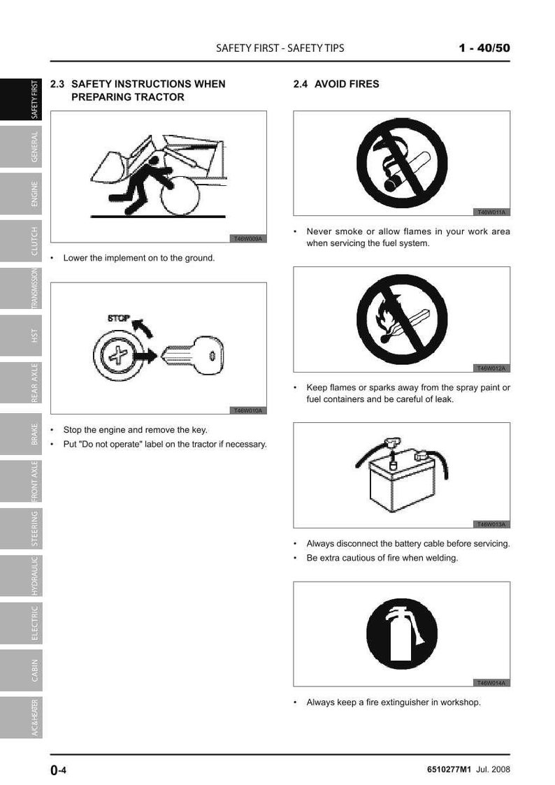 以下が含まれることがあります： 「SAFETY FIRST - SAFETY TIPS」というタイトルの安全マニュアルのページ。火災の回避やバッテリーの取り外しなど、トラクターのメンテナンスに関する安全上の注意と図が含まれています。