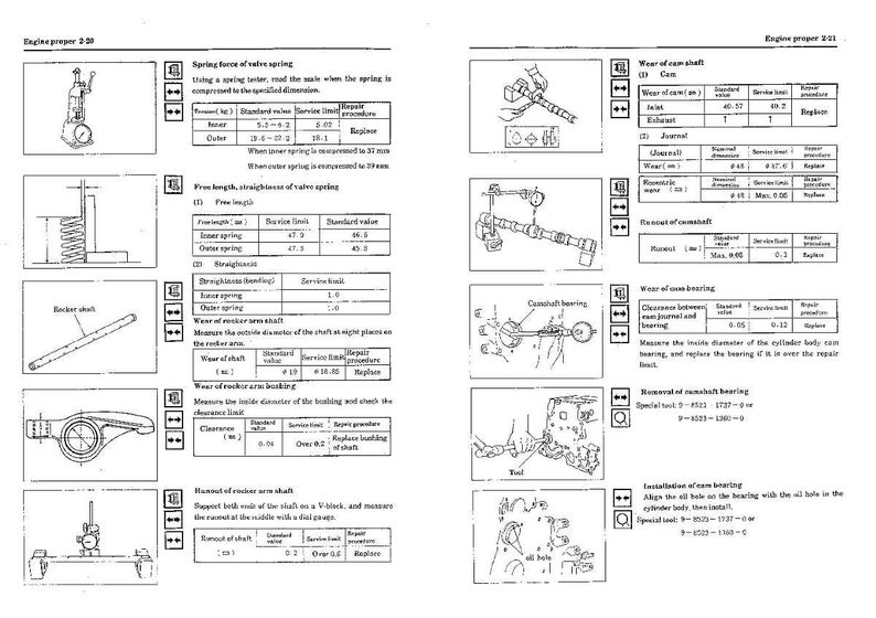 Puede incluir: P&aacute;ginas de un manual de reparaci&oacute;n de motores con diagramas y texto. Las ilustraciones muestran componentes del motor, como muelles, balancines y &aacute;rboles de levas, junto con mediciones y procedimientos de reparaci&oacute;n.