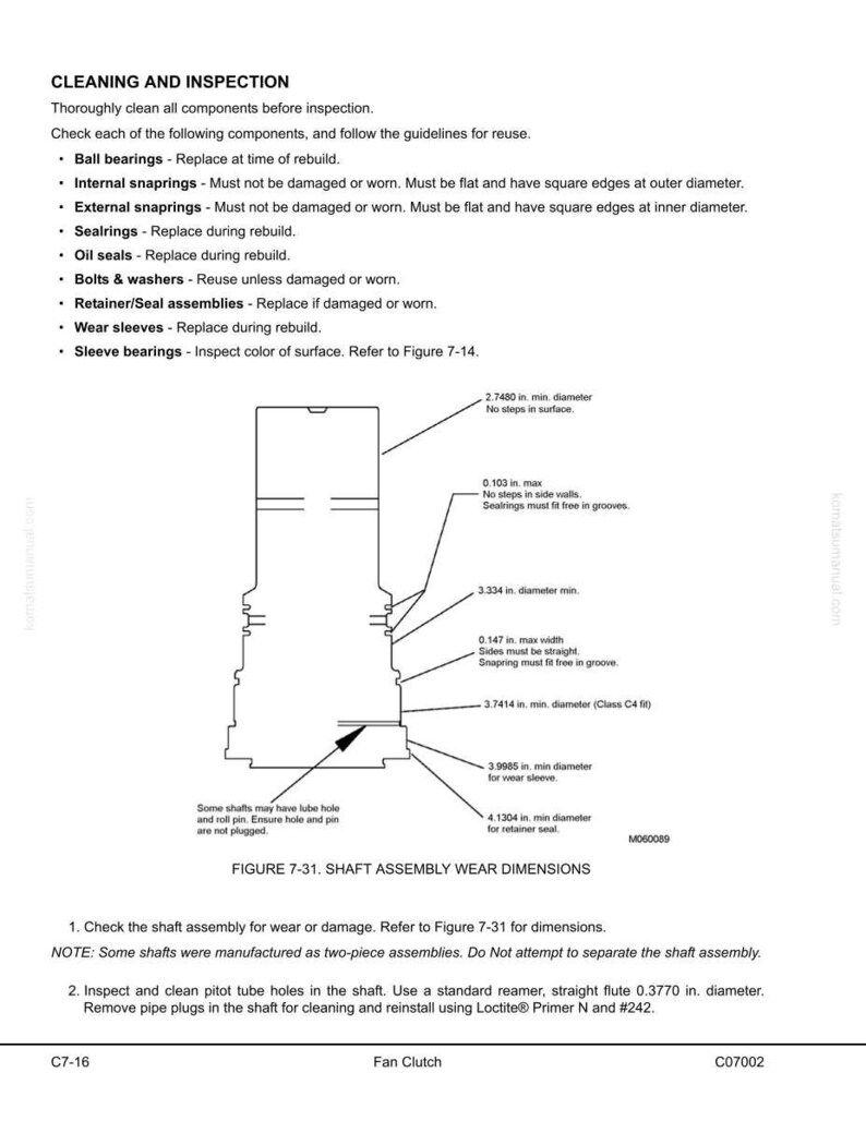 Peut inclure: Sch&eacute;ma technique d'un ensemble d'arbre de ventilateur, d&eacute;taillant les dimensions d'usure. Comprend des mesures en pouces pour divers composants, comme le diam&egrave;tre minimum de 2,7480 pouces. Texte avec directives de nettoyage et d'inspection.